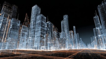 Poster - Digital urban landscape with futuristic city buildings, glowing grid lines, and a dark ethereal atmosphere.