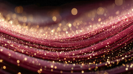 Poster - Macro view of a burgundy surface with diagonal golden glittering lines and glowing bokeh, evoking a festive and luxurious atmosphere