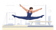 © meeblues - Adobe Illustrator artwork flat style illustration of a male gymnast executing a dynamic split jump in a well-equipped gymnasium, displaying athleticism and control