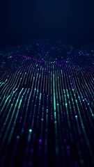 Poster - Glowing network grid stretches toward the horizon Futuristic technology visuals shimmer with interconnected lines Dark backdrop enhances the glowing blue patterns
