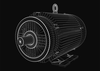 Poster - A 3D wireframe model of an electric motor with detailed rotor, blades, and internal components, rendered realistically on a black background. The intricate design highlights the engine's mechanical.