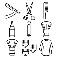 Barbershop Essentials Icons. Line style icons of Classic Barbershop Tools: straight razor, barber shears, taper comb, clipper oil,