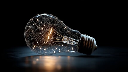 Fototapete - A conceptual light bulb showcasing interconnected nodes and lines, representing ideas and technological innovation on a dark background.