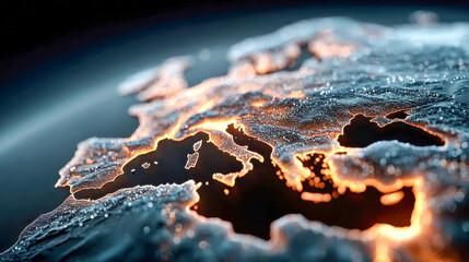 Poster - Glowing digital map of Europe, intricately detailed with illuminated network lines and highlighted coastlines, representing global connectivity and modern data visualization