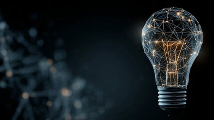Fototapete - Digital innovation lightbulb with glowing filament, connecting lines and nodes against dark background signifying bright technology.