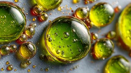 Poster - Close-up of green and yellow oil bubbles on a textured white surface with rich lighting and reflections