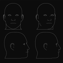 Poster - Four male heads with distinct facial expressions and varying shapes are lined up on a black background. Each face displays unique features, from prominent eyes to defined noses.