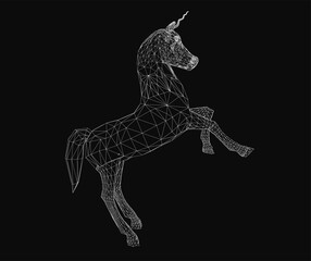 Fototapete - A black and white wireframe unicorn stands elegantly on a dark background, composed of intricate lines and geometric shapes. The minimalist design highlights the mythical creature's form with clean.