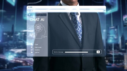Poster - A professional man in a suit stands before a digital chat AI interface, showcasing futuristic elements in a high-tech office environment, symbolizing modern business communication. Qubit