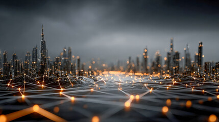 Poster - Futuristic night cityscape with glowing network grid lines and illuminated high-rise buildings under a cloudy sky