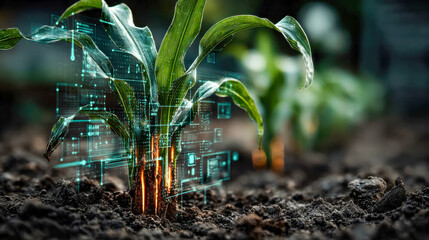 Poster - A young corn plant grows in rich soil, highlighted with glowing digital data streams suggesting smart agriculture technology