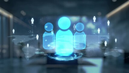 Poster - A futuristic robot points at a holographic user interface, showcasing a blend of technology and innovation in a modern office environment, symbolizing digital engagement. Auvana