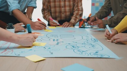 Poster - A diverse group of professionals engages in a lively brainstorming session surrounded by sticky notes and large paper in a bright, modern office environment. SACTR