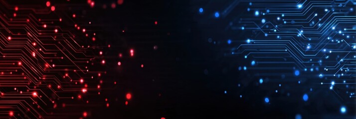 Leinwandbilder - Blue circuit board background vector banner with space for text, digital technology concept design, dark blue and light red colors Generative AI