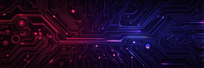 Leinwandbilder - Abstract vector circuit board background with blue and red light effect on a dark purple background, a technology banner design for a website layout template Generative AI