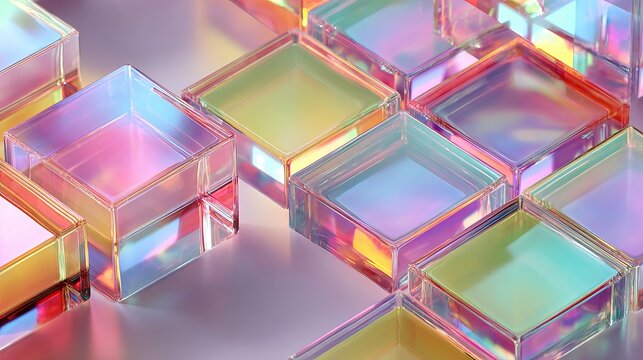 Iridescent glass cubes create a geometric pattern, reflecting pastel rainbow hues on a smooth surface in style.