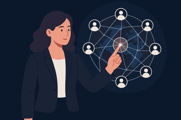 Fototapete - Business woman touching global network. Data exchange, customers connection. Social media management, CRM, futuristic technology. Modern flat vector cartoon illustration.