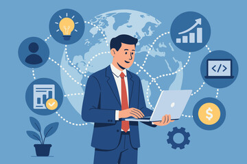 Poster - Businessman Connecting to Global Digital Network, Developing Investment Strategies and Software Solutions for Business Growth, Data Analytics, Technology Innovation, Financial Success, Modern Vector