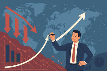 Poster - Businessman Drawing Upward Growth Arrow, Global Economic Crisis Recovery, Business Strategy Planning, Data Analytics, Financial Chart, World Map, Success Concept