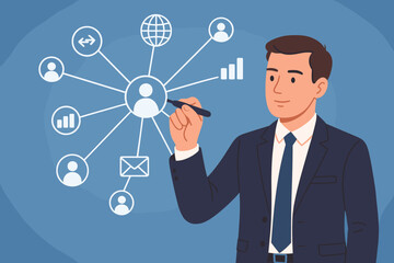 Poster - Businessman Drawing Global Network Structure, Customer Connection, CRM, Client Service, Digital Marketing, Social Media, Data Exchange, Business Communication, Teamwork, Analytics