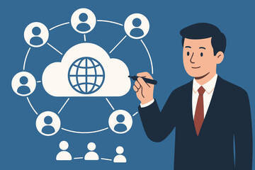 Poster - Businessman Illustrating Global Cloud Computing Network Structure, Data Exchange, Customer Connections, Digital Transformation, Modern Flat Vector Concept