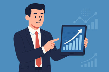 Poster - Businessman Presenting Digital Tablet with Upward Growth Chart, Financial Data Analysis, Investment Strategy, Business Planning, Success Metrics, Corporate Progress, Economic Forecast