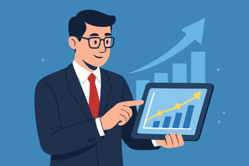 Poster - Businessman Analyzing Digital Tablet with Financial Growth Chart, Investment Progress, Business Strategy, Data Analytics, Planning, Corporate Success, Economic Trends