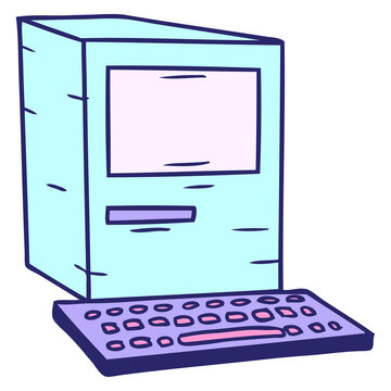 hand drawn cartoon doodle of a computer and keyboard in bright neon color