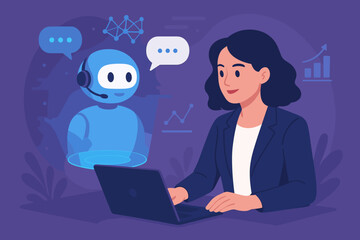 Fototapete - Businesswoman Collaborating with AI Chatbot, Deep Learning, Digital Transformation, Tech Analytics, Virtual Hologram, Innovation, Futuristic Office, Data Visualization