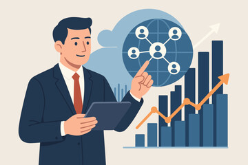 Poster - Businessman Analyzing Global Customer Network, Digital Marketing Strategy, Data Exchange, Sales Growth, Bar and Line Graph, Tablet, Business Analytics
