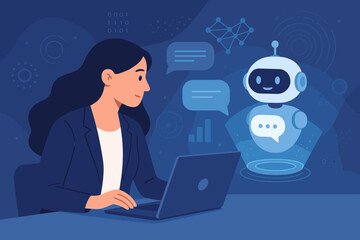 Fototapete - Businesswoman Using Laptop with AI Chatbot, Deep Learning, Digital Transformation, Tech Analytics, Virtual Hologram, Innovation, Futuristic Technology Concept