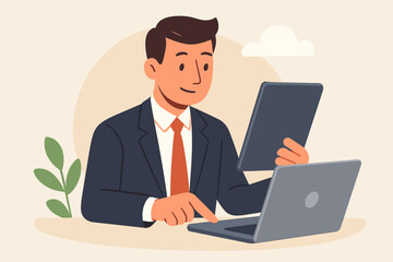 Poster - Businessman Using Laptop and Tablet Technology, Office Workspace, Digital Devices, Modern Business Communication, Professional Male, Remote Work, Productivity, Flat Vector Illustration