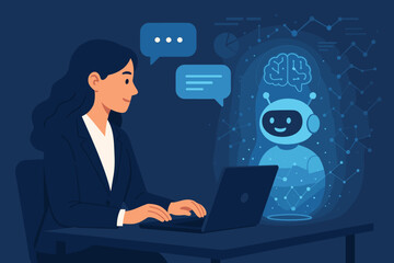 Poster - Businesswoman Collaborating with AI Chatbot, Deep Learning Technology, Digital Transformation, Virtual Analytics, Futuristic Innovation, Hologram Communication, Office Workspace