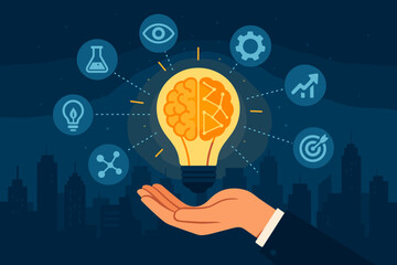 Poster - Innovative Brain Light Bulb Concept, Hand Holding Glowing Smart Brain, Creativity and New Ideas, Network Connection Icons, Modern City Skyline, Innovation Technology Background