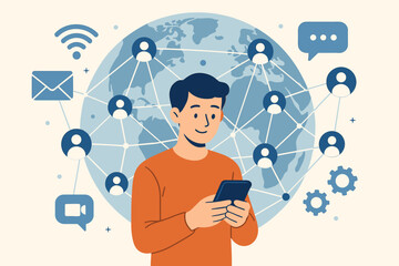 Poster - Global Digital Communication Network, Social Media Connectivity, Online Messaging, Worldwide Technology, Internet Community, Mobile Device Interaction, Modern Vector Illustration