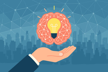 Poster - Brainstorming Innovation and Creativity Concept. Human Hand Holding Brain with Light Bulb, Digital Network, City Skyline, Artificial Intelligence, Idea Generation, Modern Vector Illustration