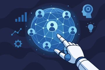 Fototapete - Robot hand touching global network connection with customers, data analysis, machine learning, innovative technology, futuristic business, modern flat vector cartoon