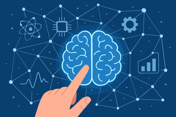 Fototapete - Artificial Intelligence Brain Network, Machine Learning, Data Science, Technology Innovation, Neural Connections, Modern Flat Vector, Human Hand Touch, Digital Interface