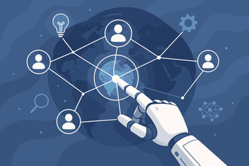 Fototapete - Artificial Intelligence Robot Hand Touching Global Network Connections, Customer Analysis, Machine Learning, Innovation, Technology, Futuristic Business Concept, Flat Vector Illustration