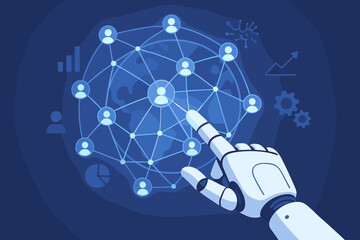 Fototapete - Robot hand touching global network connection with customers, data analysis, machine learning, innovative technology, futuristic business concept. Modern flat vector cartoon.