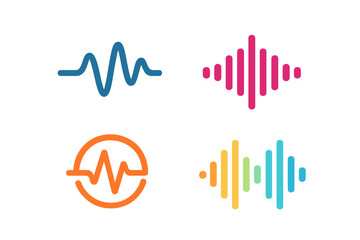 Poster - Modern creative vector logotype collection featuring sound wave icons, music waves symbols, audio logos templates, and voice equalizer emblems on a blank background