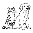 Adorable cat and dog duo: line art of furry companions. Vector hand-drawn doodle illustration