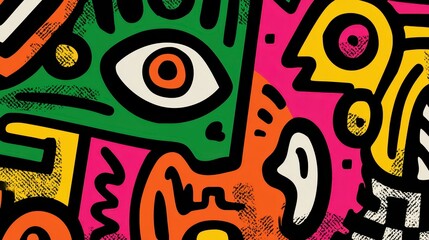 Fototapete - Graffiti inspired artwork blending stylized faces, geometric patterns, and expressive eye in vivid colors with dynamic pop art aesthetic