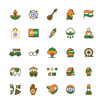 India Independence Day icon set, featuring a flat style, Is a National festival of India. Vector icons