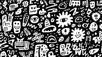 Poster - Abstract characters and symbols merging into playful, hand drawn pattern design, creating imaginative visual texture for graphic backgrounds and creative applications