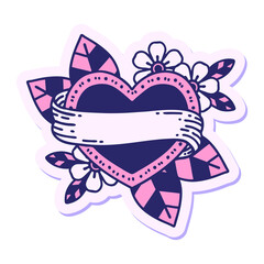 Wall Mural - sticker of tattoo in traditional style of a heart and banner in bright neon color