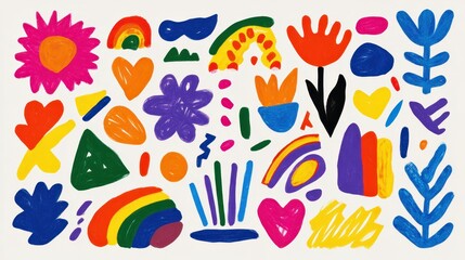 Poster - Colorful hand drawn abstract shapes featuring rainbows, hearts, flowers, and geometric elements expressing joy, unity, and celebration of human diversity