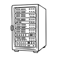 Poster - Monochrome illustration of a network server rack with multiple panels. Vector hand-drawn doodle illustration