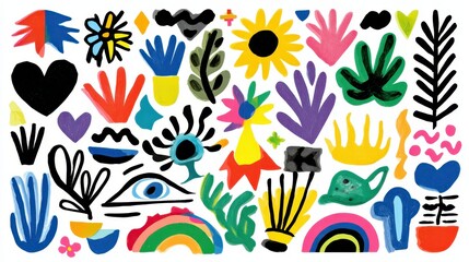 Poster - Colorful artwork mimicking matisse style, featuring whimsical botanical shapes, dynamic symbols expressing creative energy through bold, organic color composition