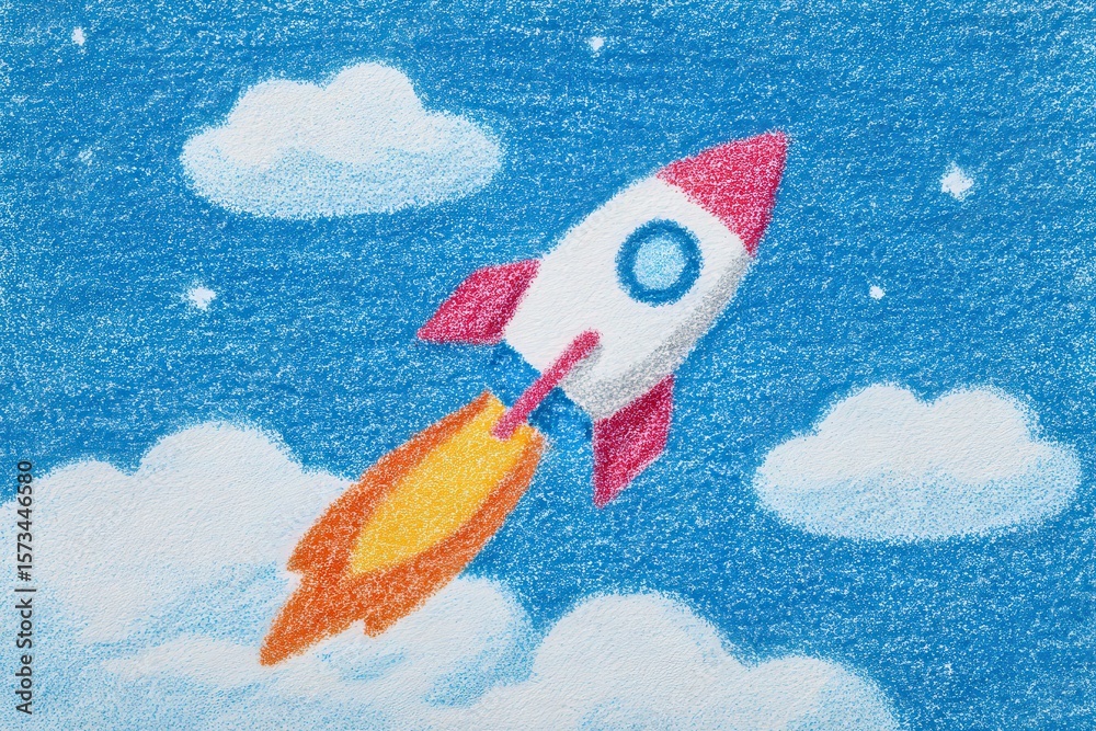 A bright rocket soars upward into a vivid blue sky, leaving a trail of orange flames behind. Fluffy white clouds surround it, with tiny stars twinkling in the background, creating a whimsical scene.